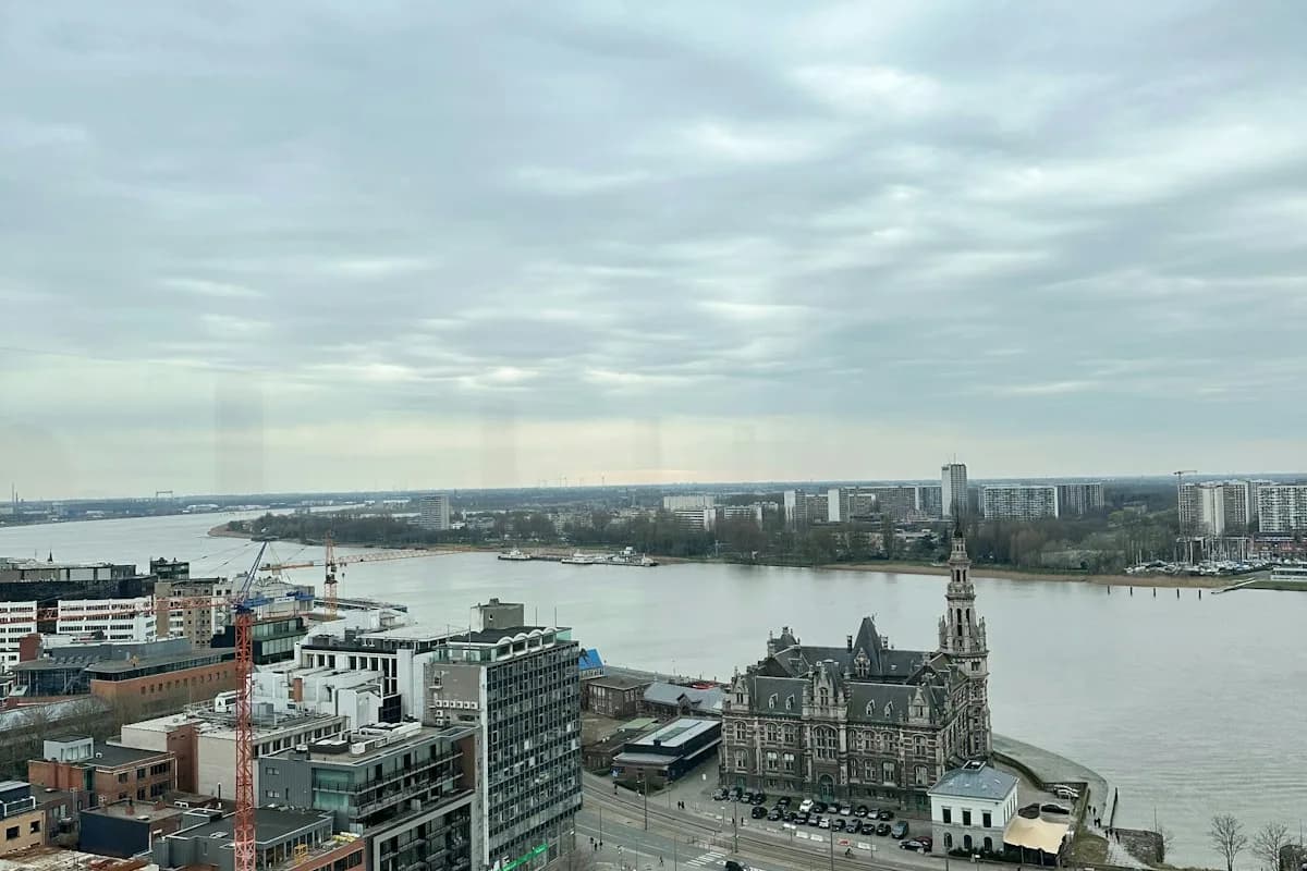 Groot wateroppervlak naast Antwerpen stad met boten op de Schelde